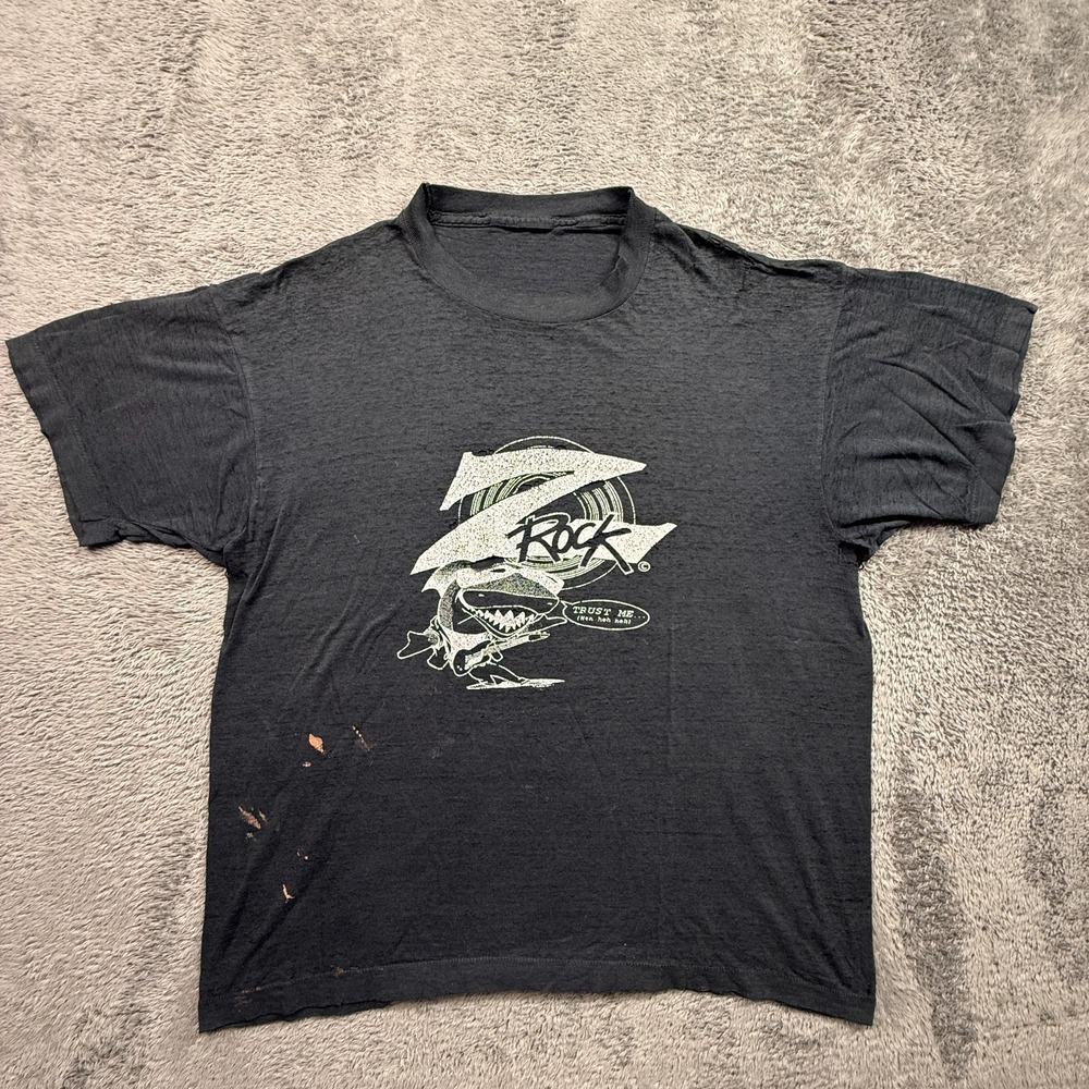 Vintage 80s Z Rock Paper Thin Shirt Distressed Shark Print Black Crew Neck Tee